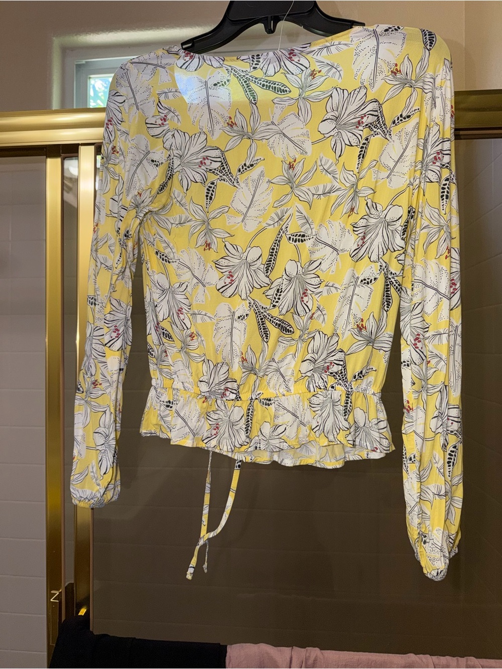 Yellow Floral Tie-Front Long-Sleeve Peplum Blouse - Picture 3 of 3